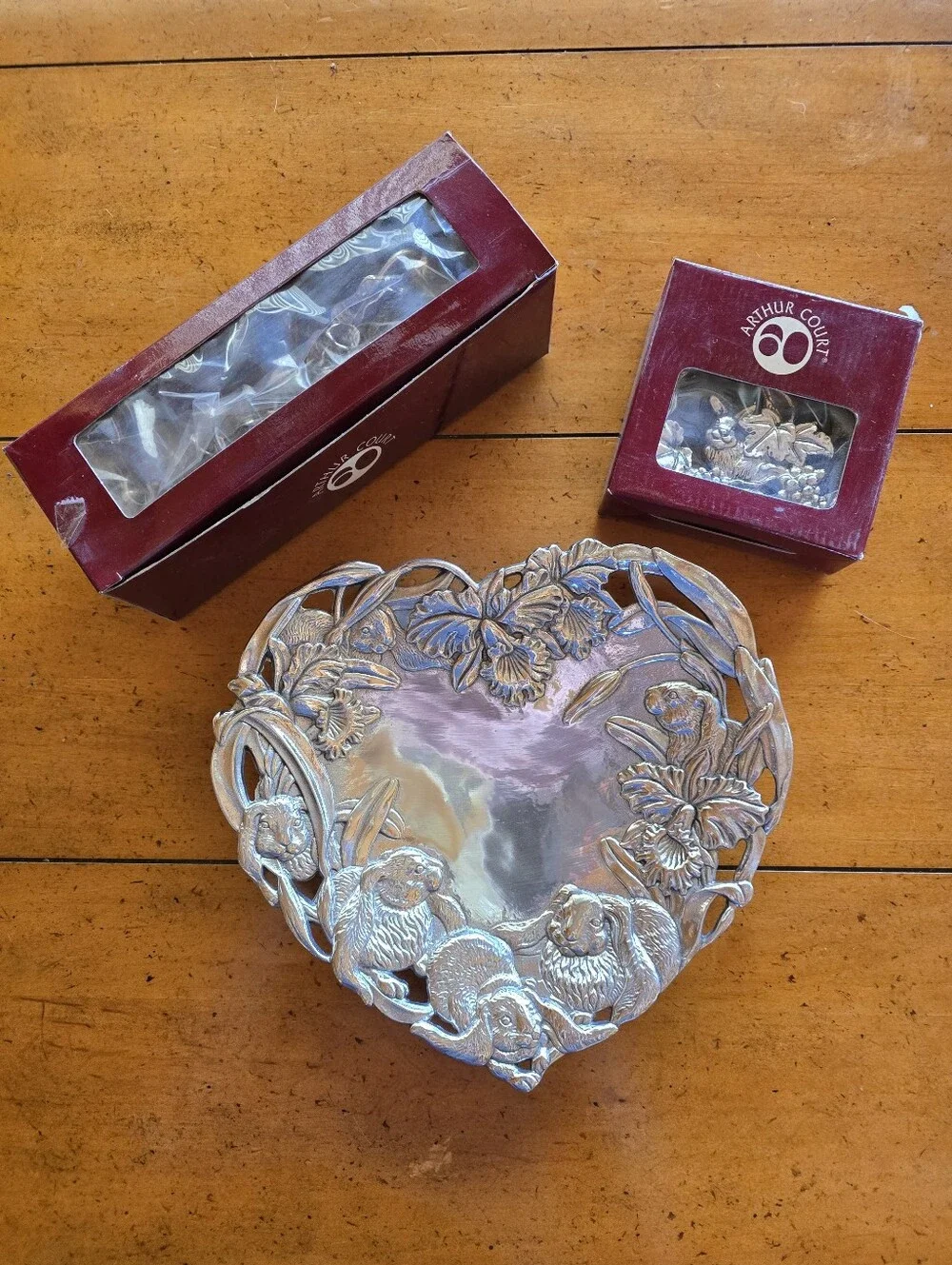 Vintage 1990s New Arthur Court Pewter Rabbit Theme Bowl, Coaster & Candle Snuff